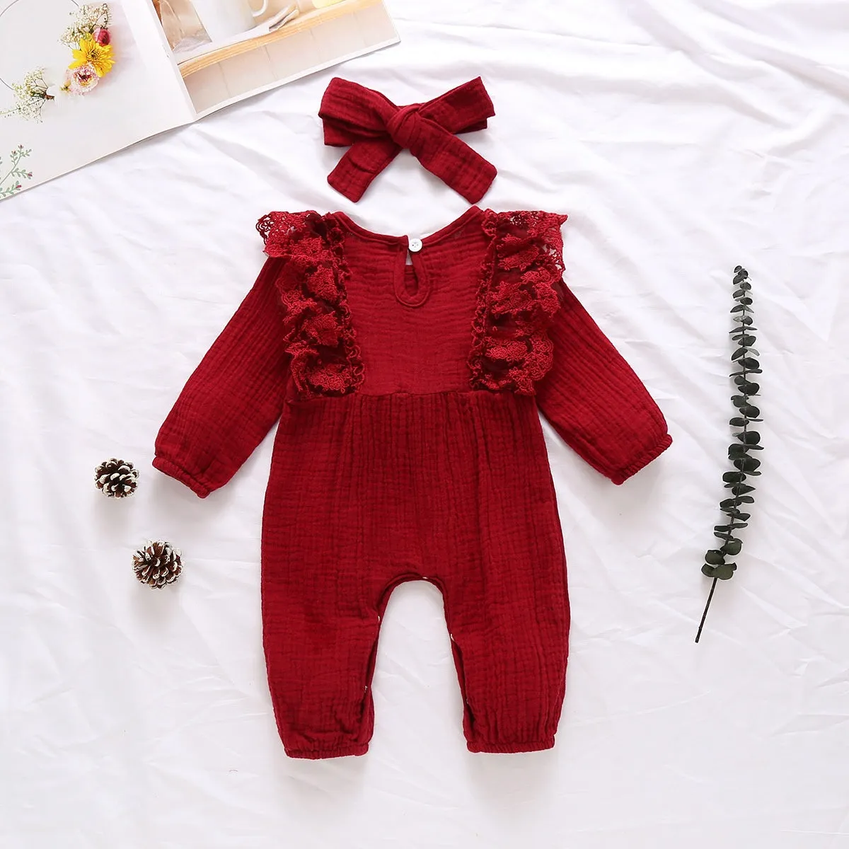 Pure Cotton Long Flare Sleeve Jumpsuit with Headband Set 6M-18M