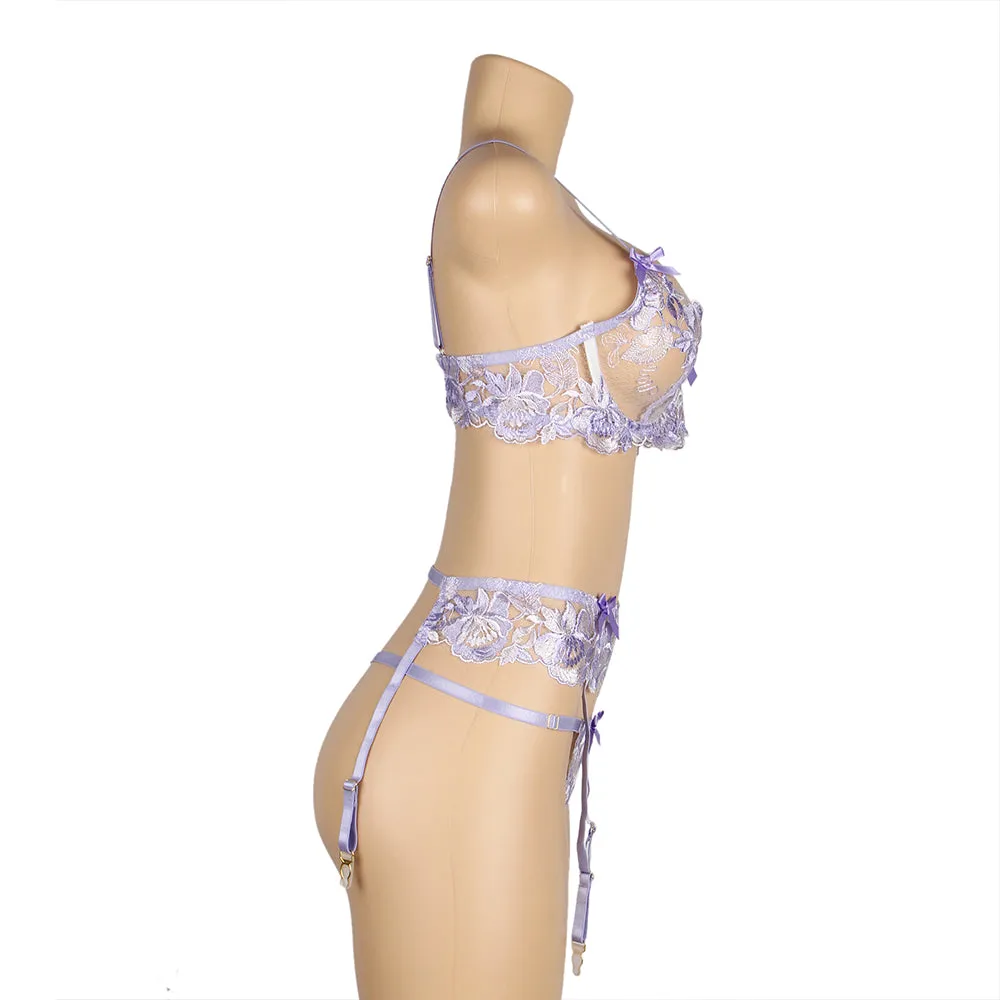 Purple Embroidery Floral Lace Underwire Garter Bra Set