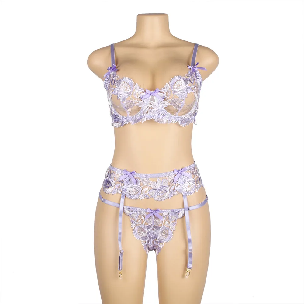 Purple Embroidery Floral Lace Underwire Garter Bra Set