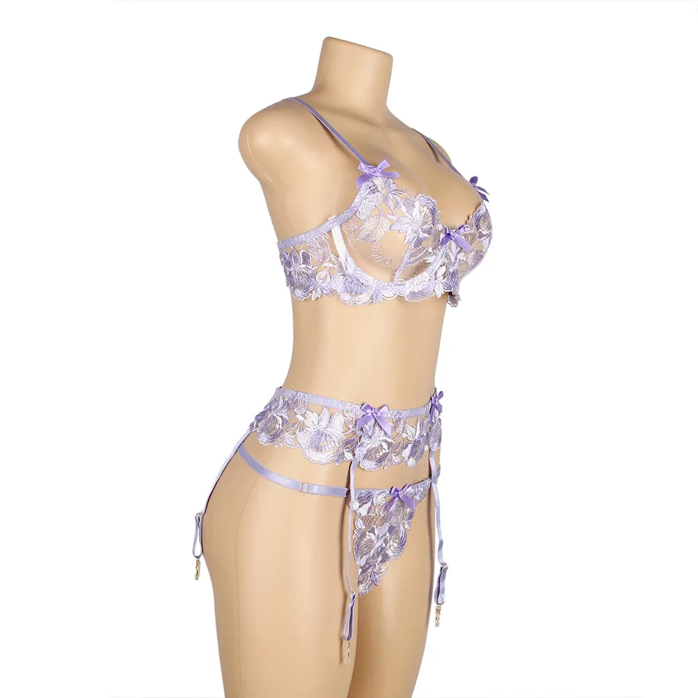 Purple Embroidery Floral Lace Underwire Garter Bra Set