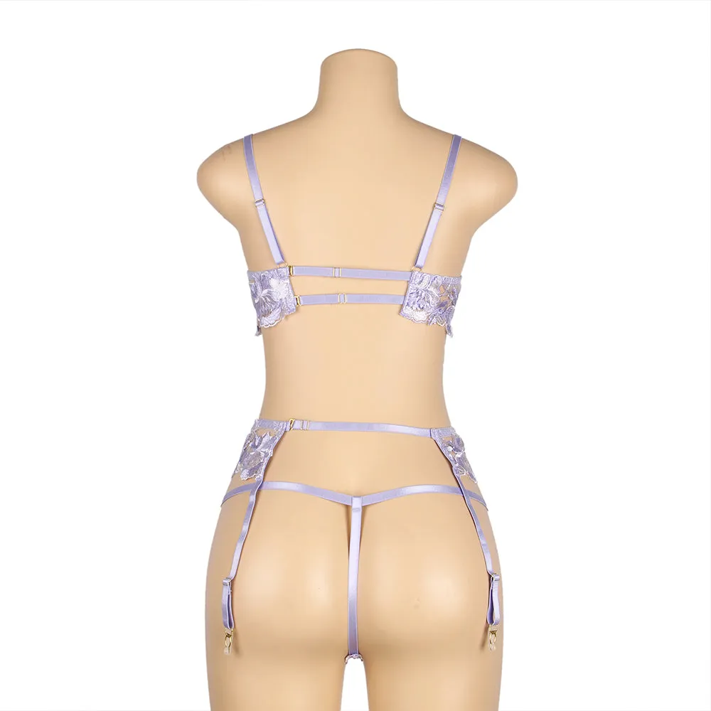 Purple Embroidery Floral Lace Underwire Garter Bra Set