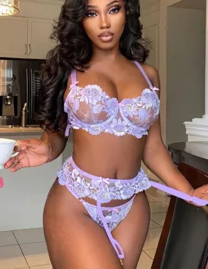Purple Embroidery Floral Lace Underwire Garter Bra Set