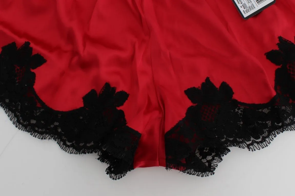 Red Silk Stretch Black Lace Lingerie Shorts
