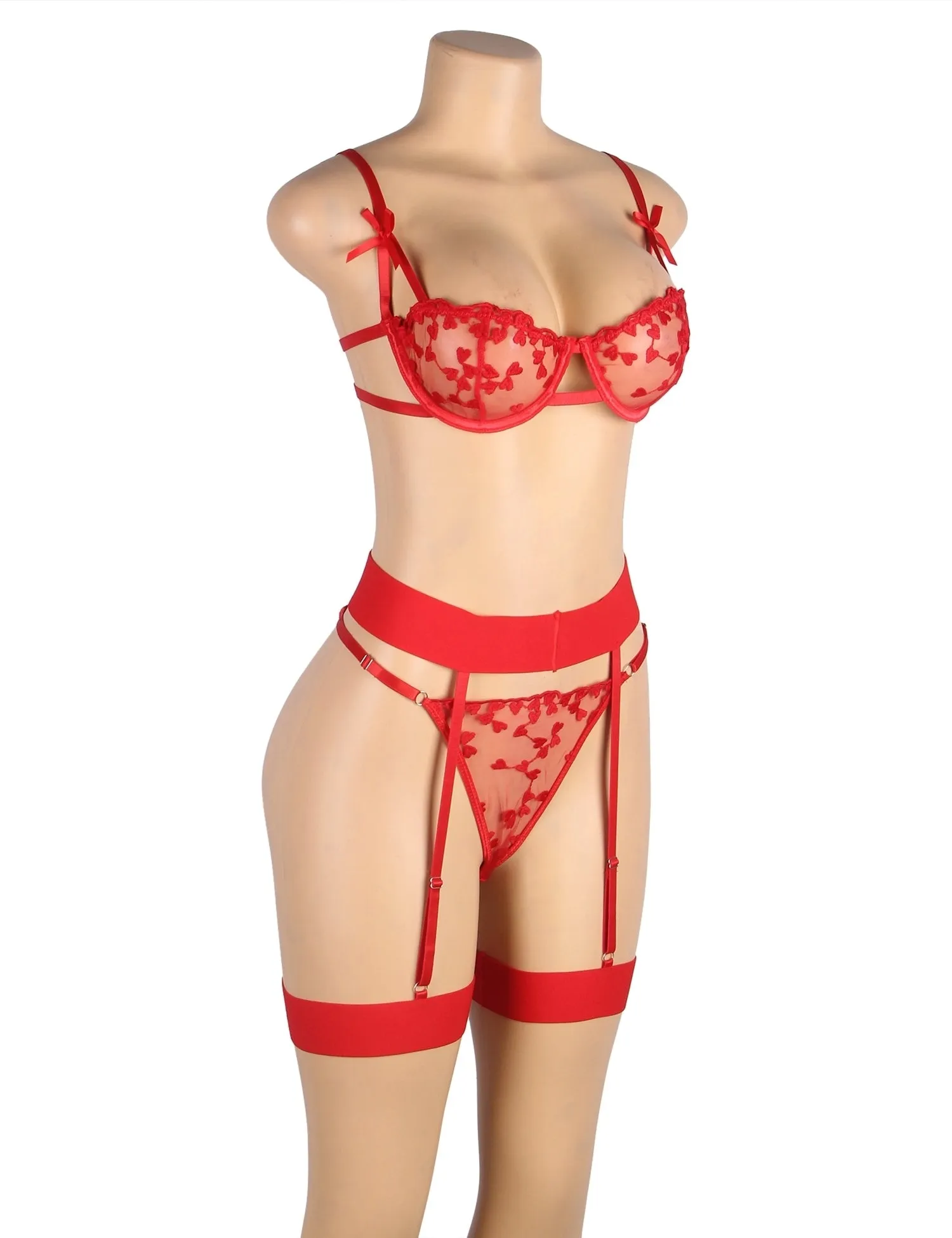Red Underwire Mesh Flower Patterns Bra Set
