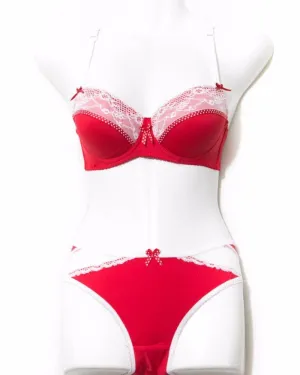Red With White Net Underwired Double Padded Bra Panty Set
