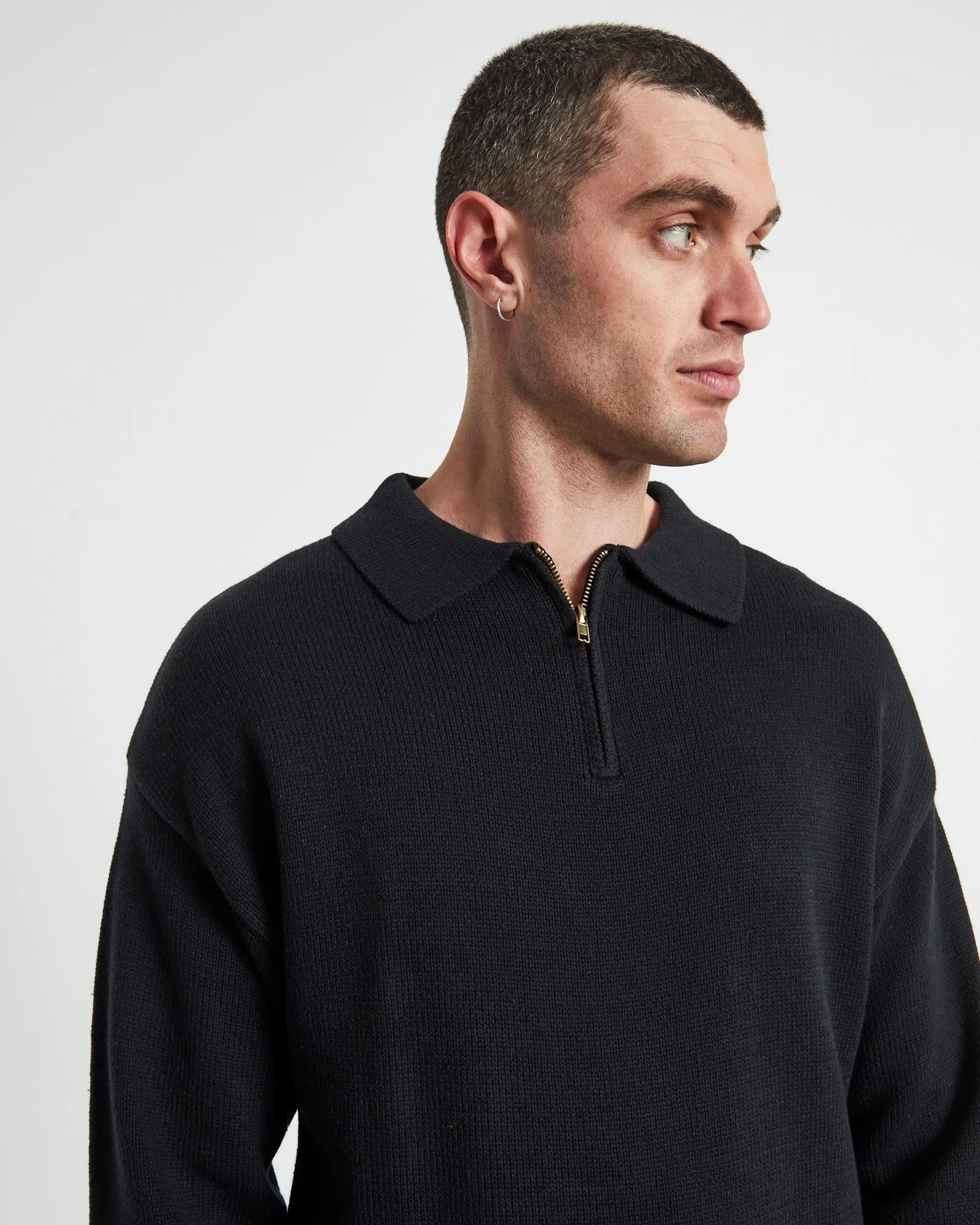 Relaxed Cable Knit Zip Through Black