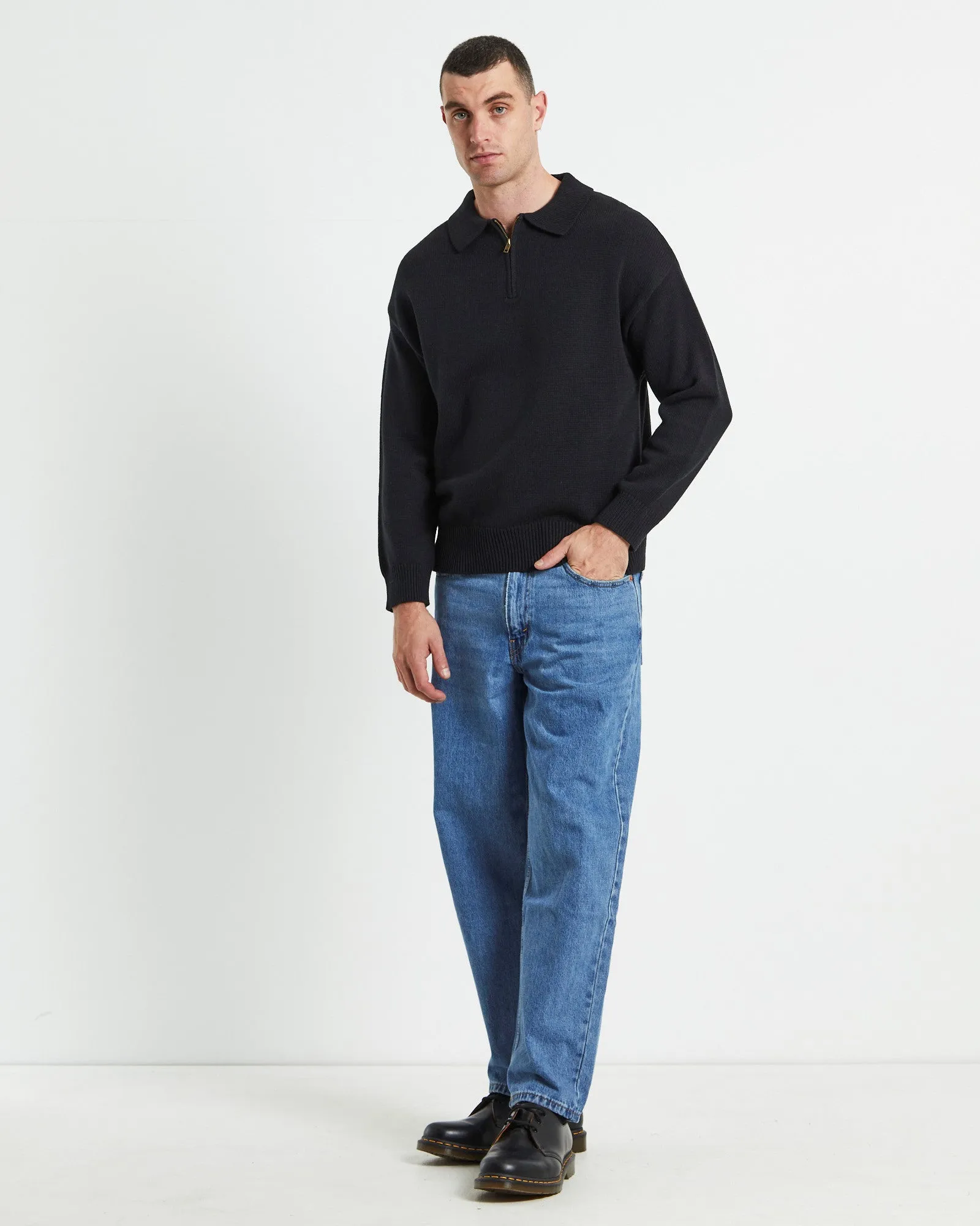 Relaxed Cable Knit Zip Through Black