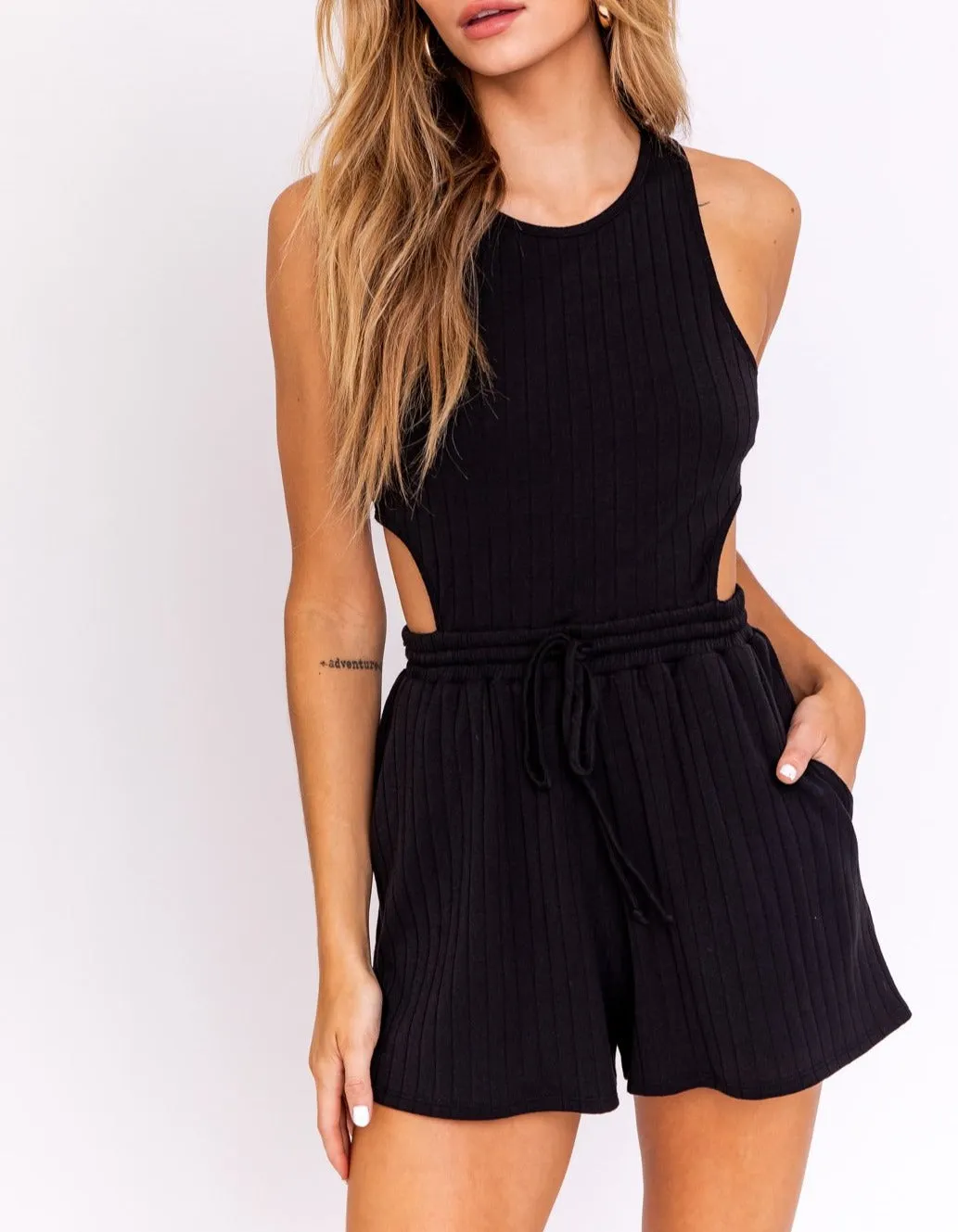Rib Sleeveless Cut Out Romper