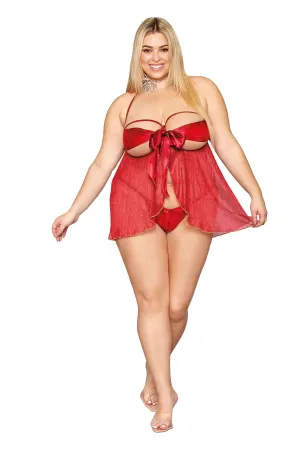 Ruby Queen Size Metallic Pleated Babydoll with Open Cups and Thong Set