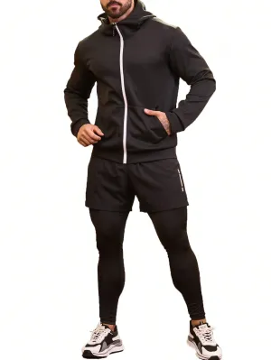 Running Men'S Kangaroo Pocket Zipper Up Hoodie And Two-In-One Sweatpants Sports Outfit