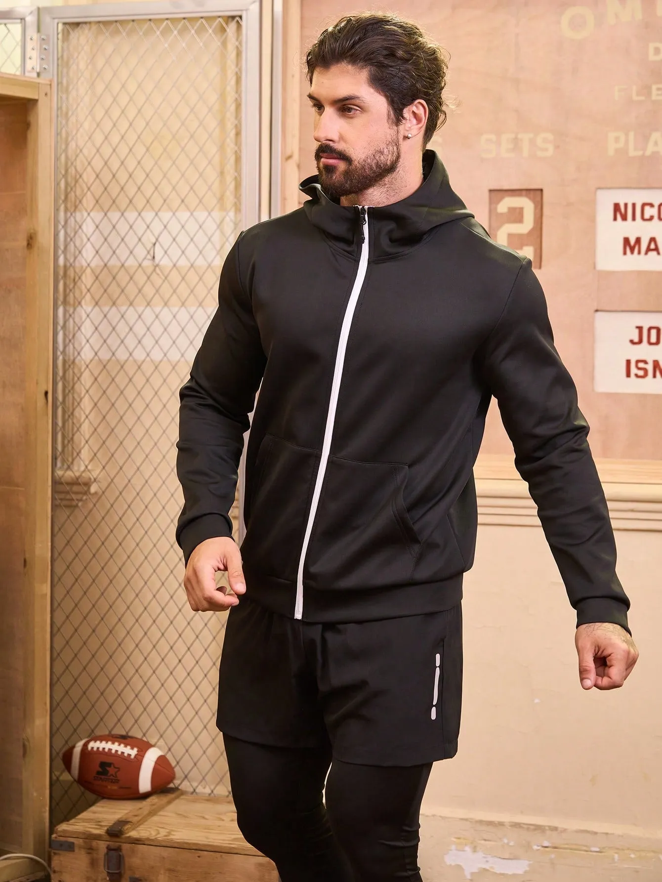 Running Men'S Kangaroo Pocket Zipper Up Hoodie And Two-In-One Sweatpants Sports Outfit