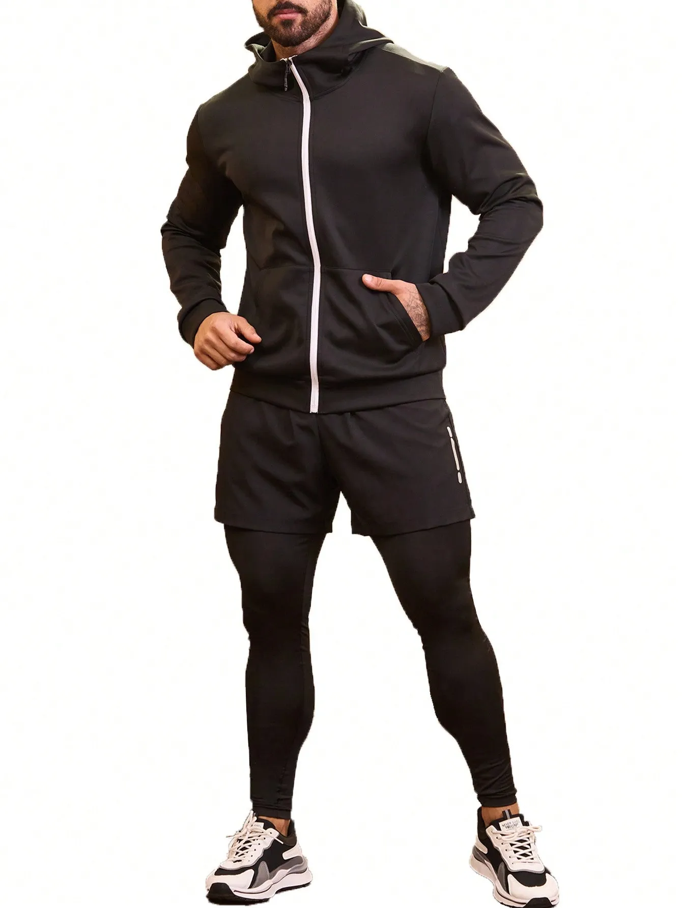 Running Men'S Kangaroo Pocket Zipper Up Hoodie And Two-In-One Sweatpants Sports Outfit