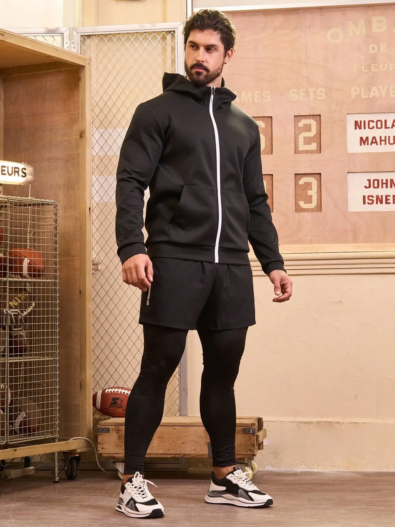 Running Men'S Kangaroo Pocket Zipper Up Hoodie And Two-In-One Sweatpants Sports Outfit