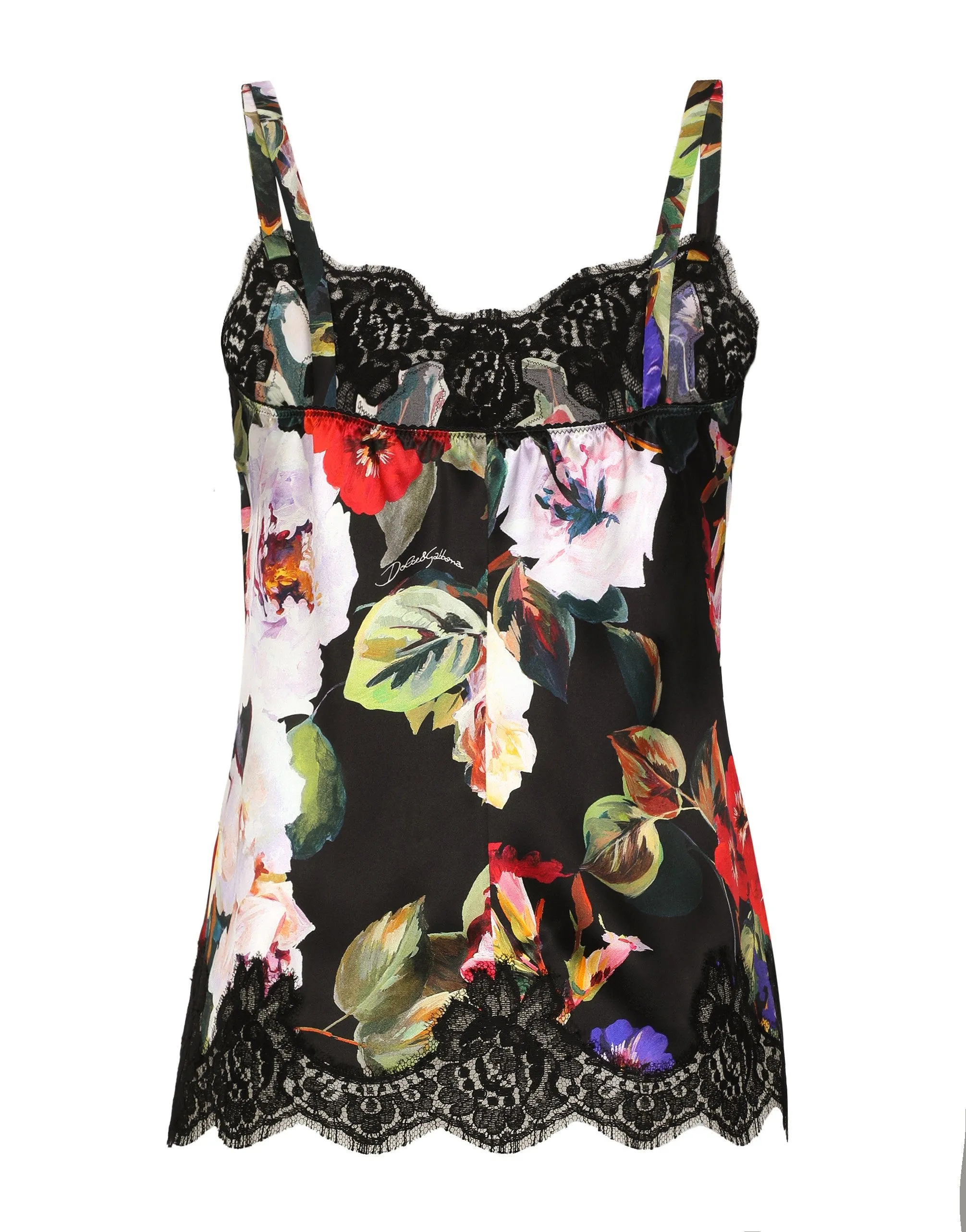 Satin lingerie-style top with rose garden print and lace detailing