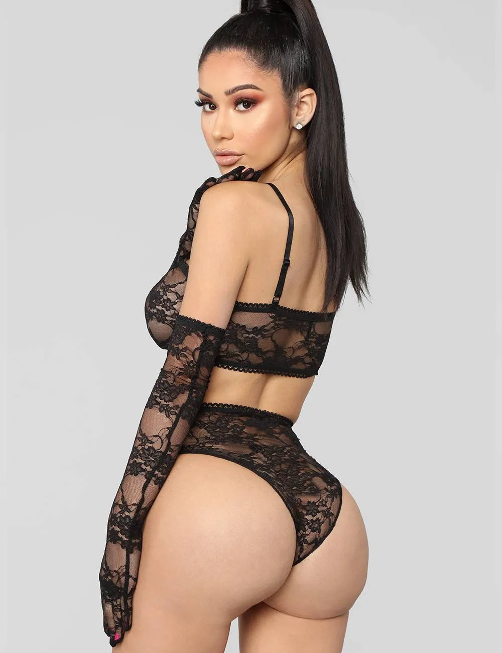 See-through sexy women‘s full lace high stretch bra panty set with sleeves