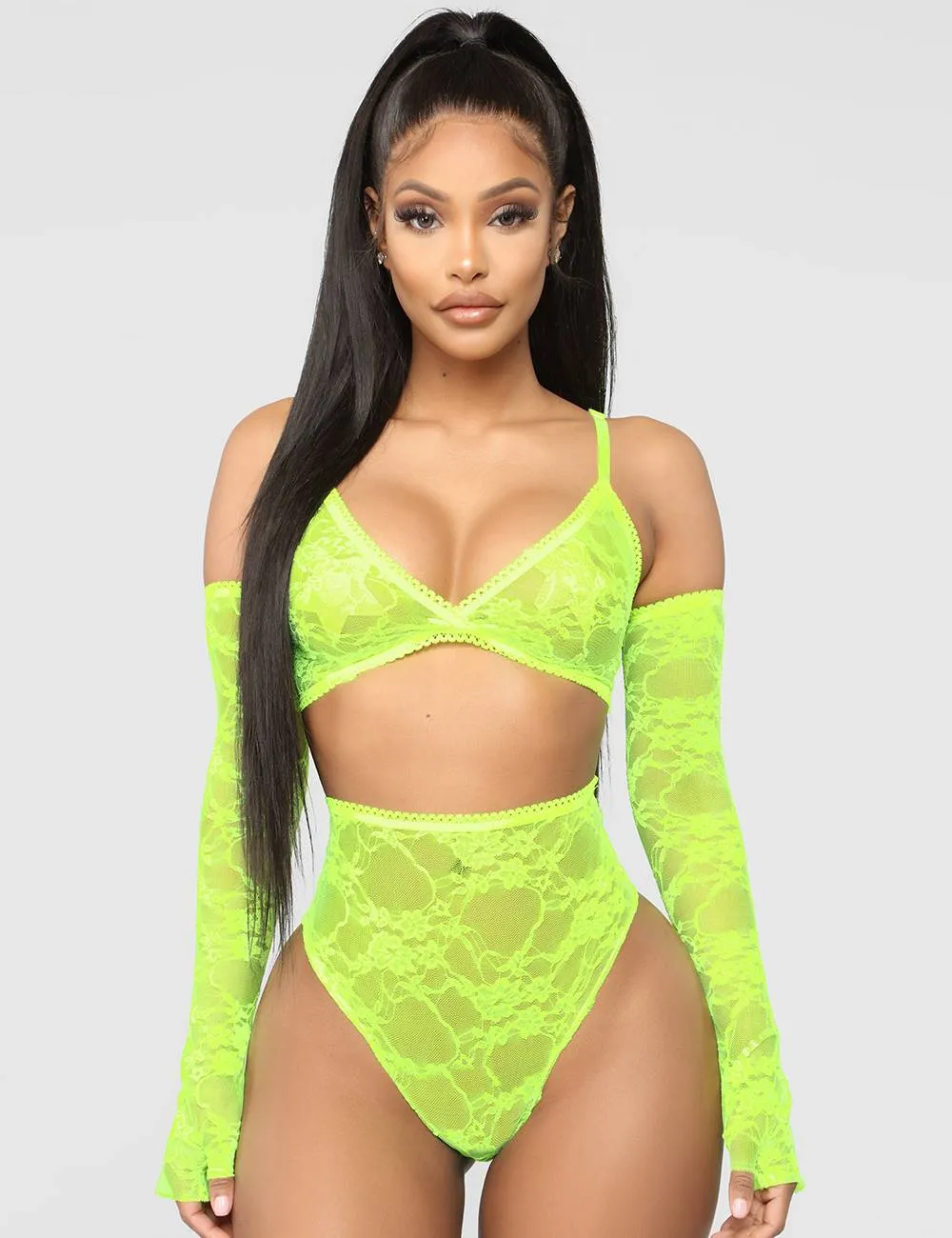 See-through sexy women‘s full lace high stretch bra panty set with sleeves