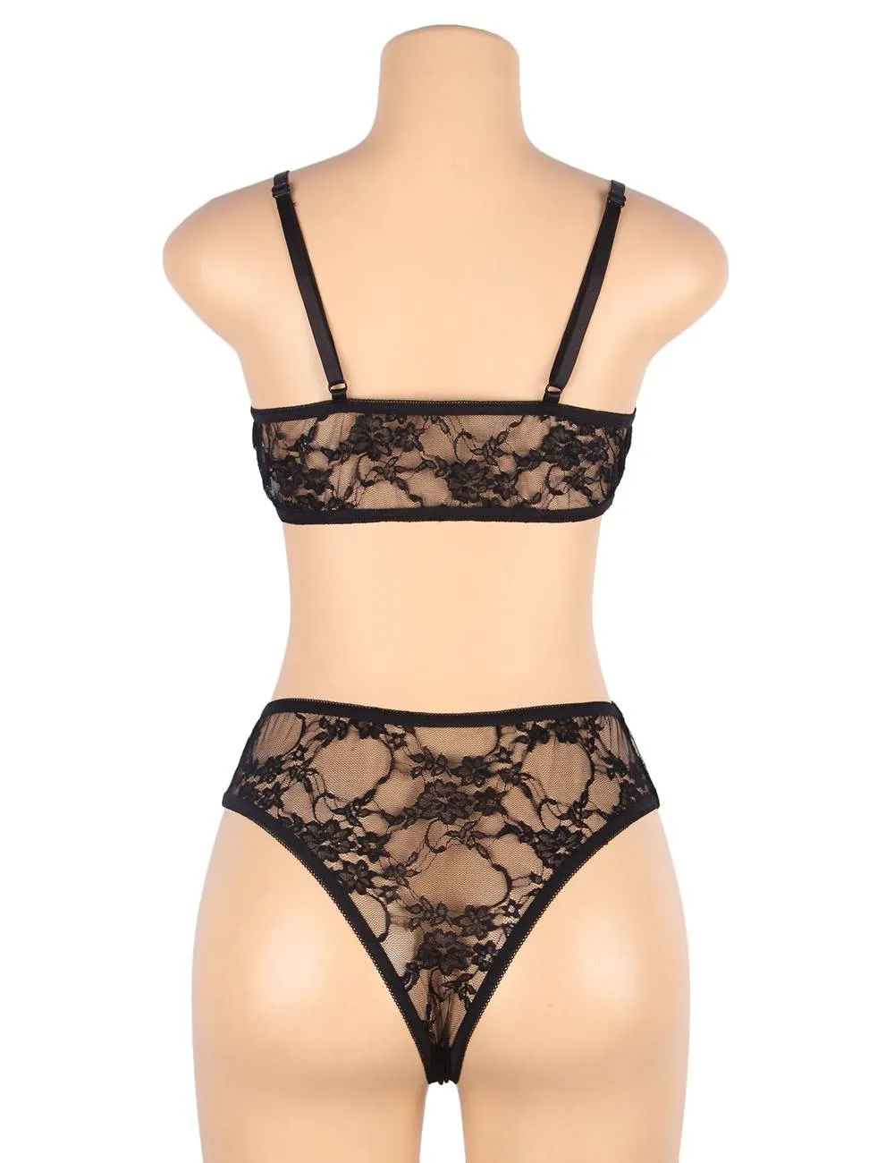 See-through sexy women‘s full lace high stretch bra panty set with sleeves
