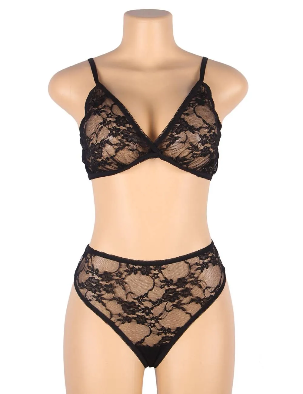 See-through sexy women‘s full lace high stretch bra panty set with sleeves