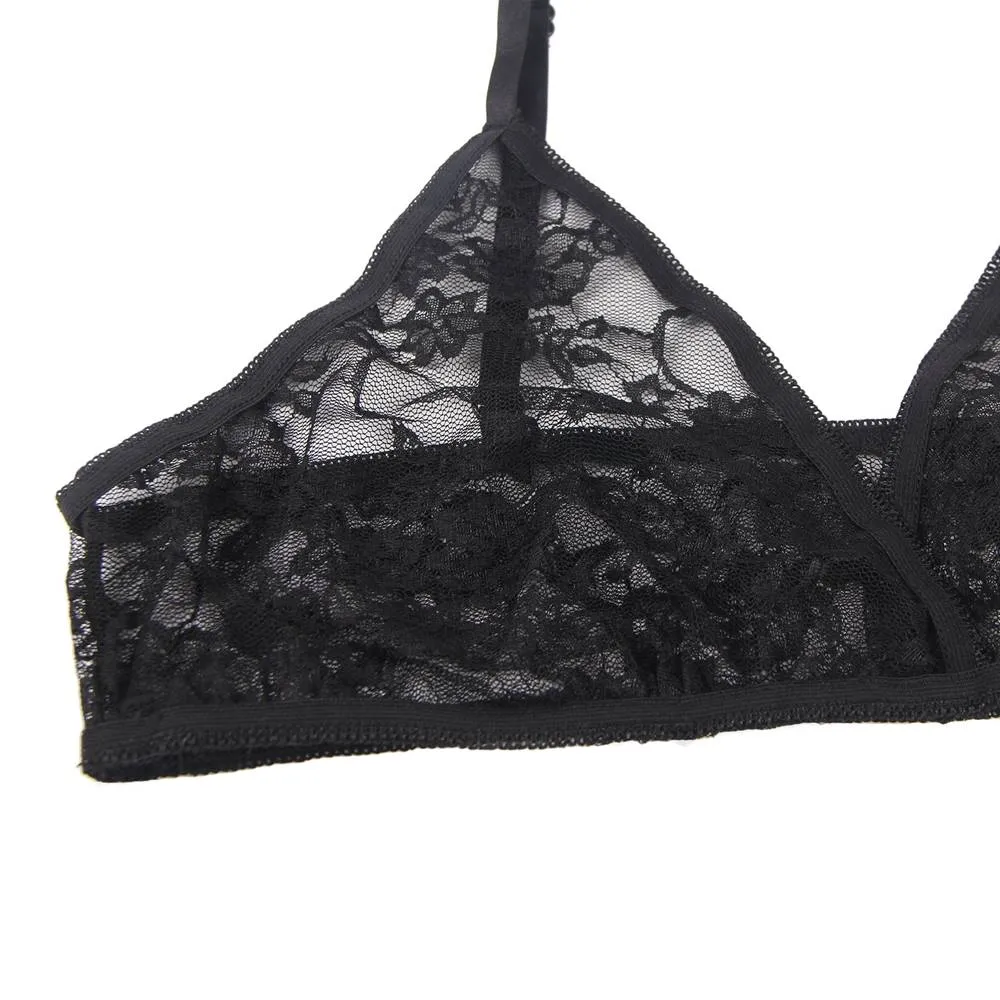 See-through sexy women‘s full lace high stretch bra panty set with sleeves