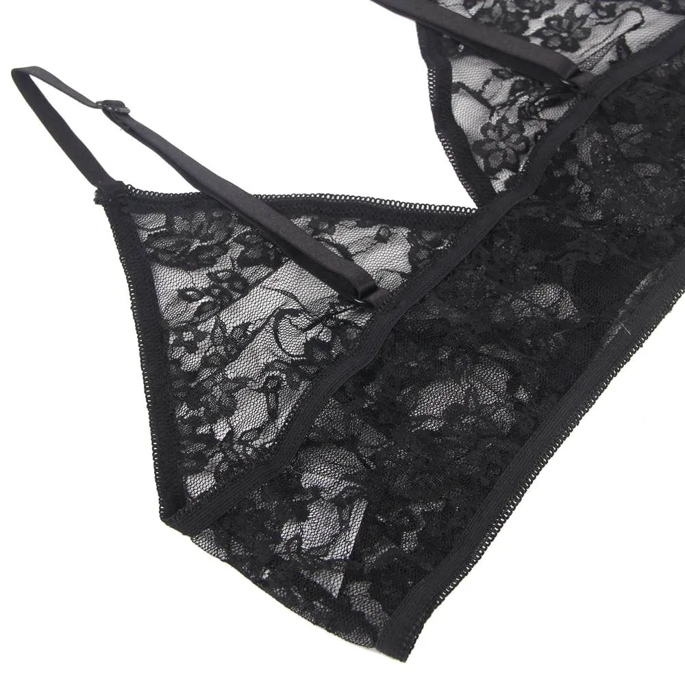 See-through sexy women‘s full lace high stretch bra panty set with sleeves