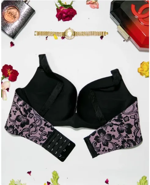 Self Design Sexy Floral Lace Soft Touch Push Up Bra Black & Pink