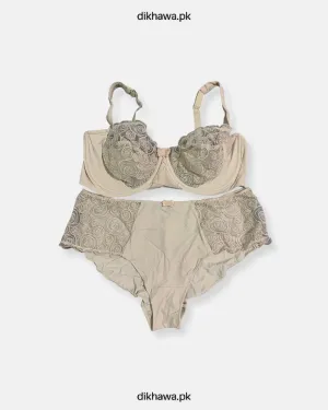 Sexy Bridal Net Lingerie Bra Panty Set - Rose Bra Panty Set - Grey- 2021