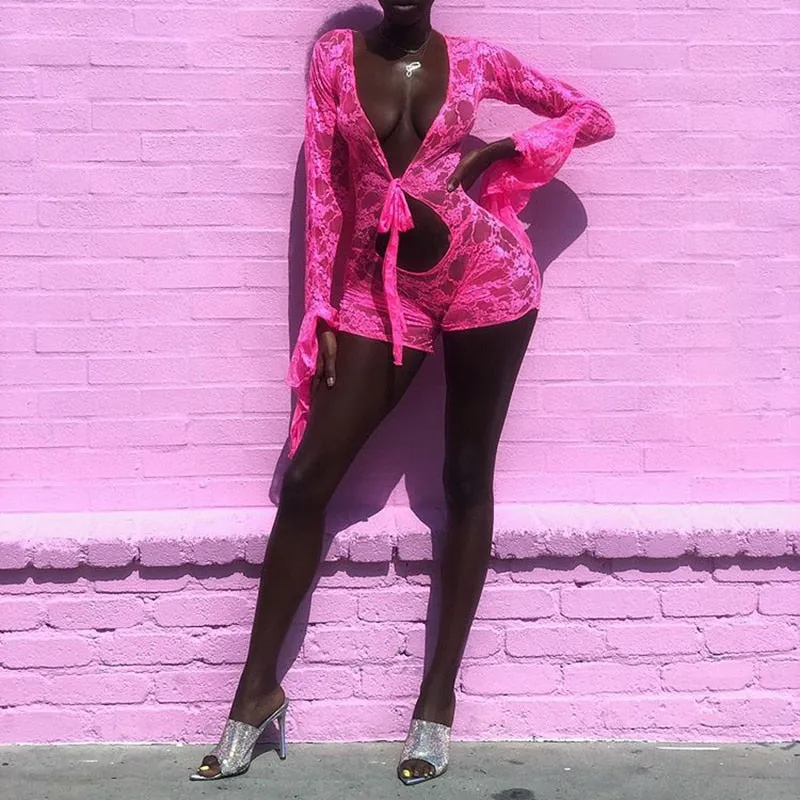 Sexy Fashion Rompers Pink Deep V Neck