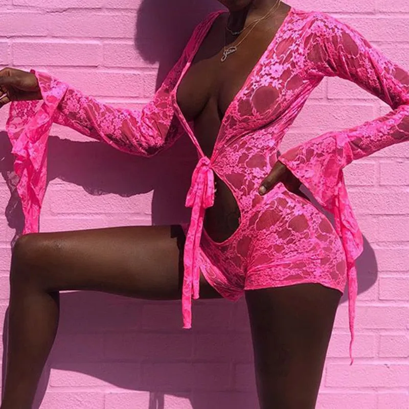 Sexy Fashion Rompers Pink Deep V Neck