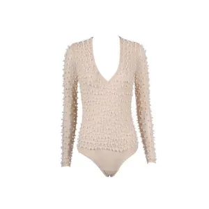 Sexy Fashion V Neck Beading Mesh Bodysuit