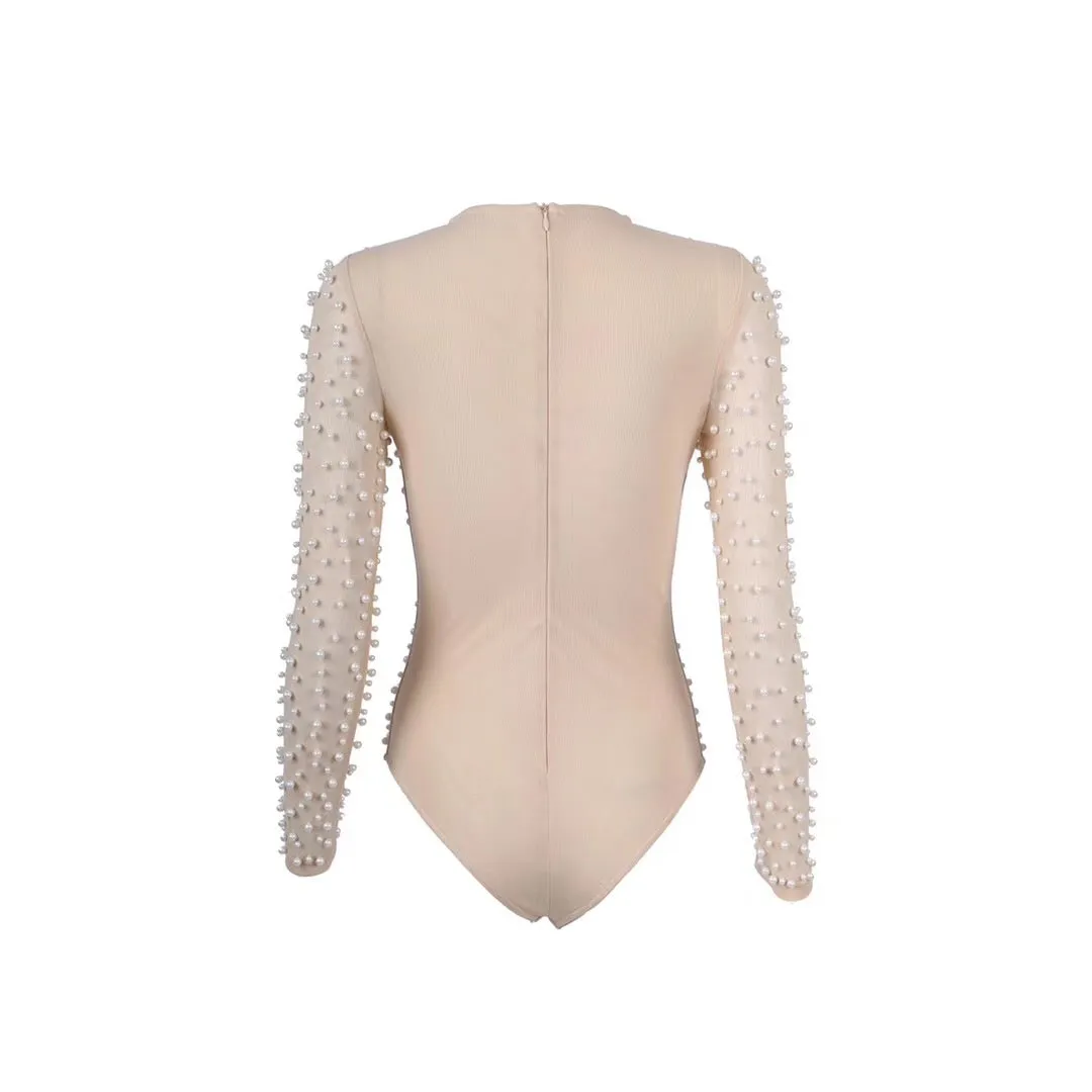 Sexy Fashion V Neck Beading Mesh Bodysuit