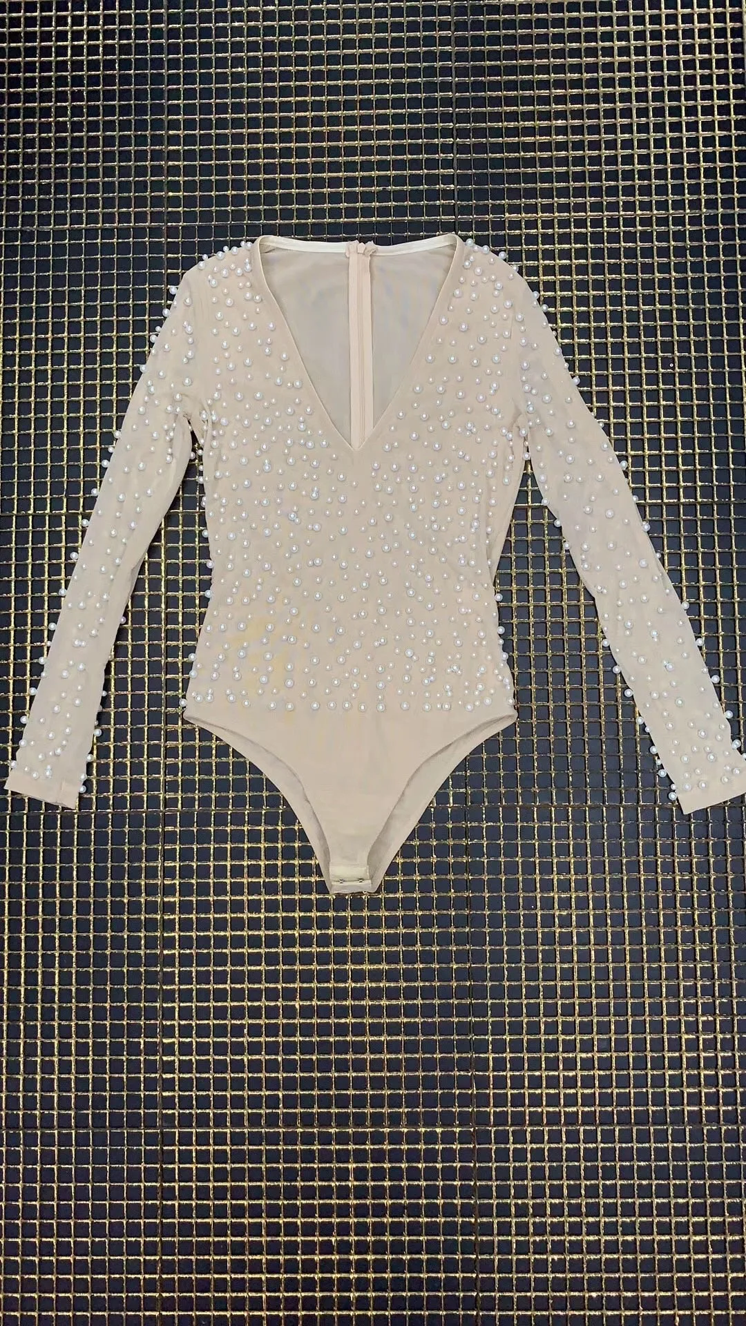 Sexy Fashion V Neck Beading Mesh Bodysuit