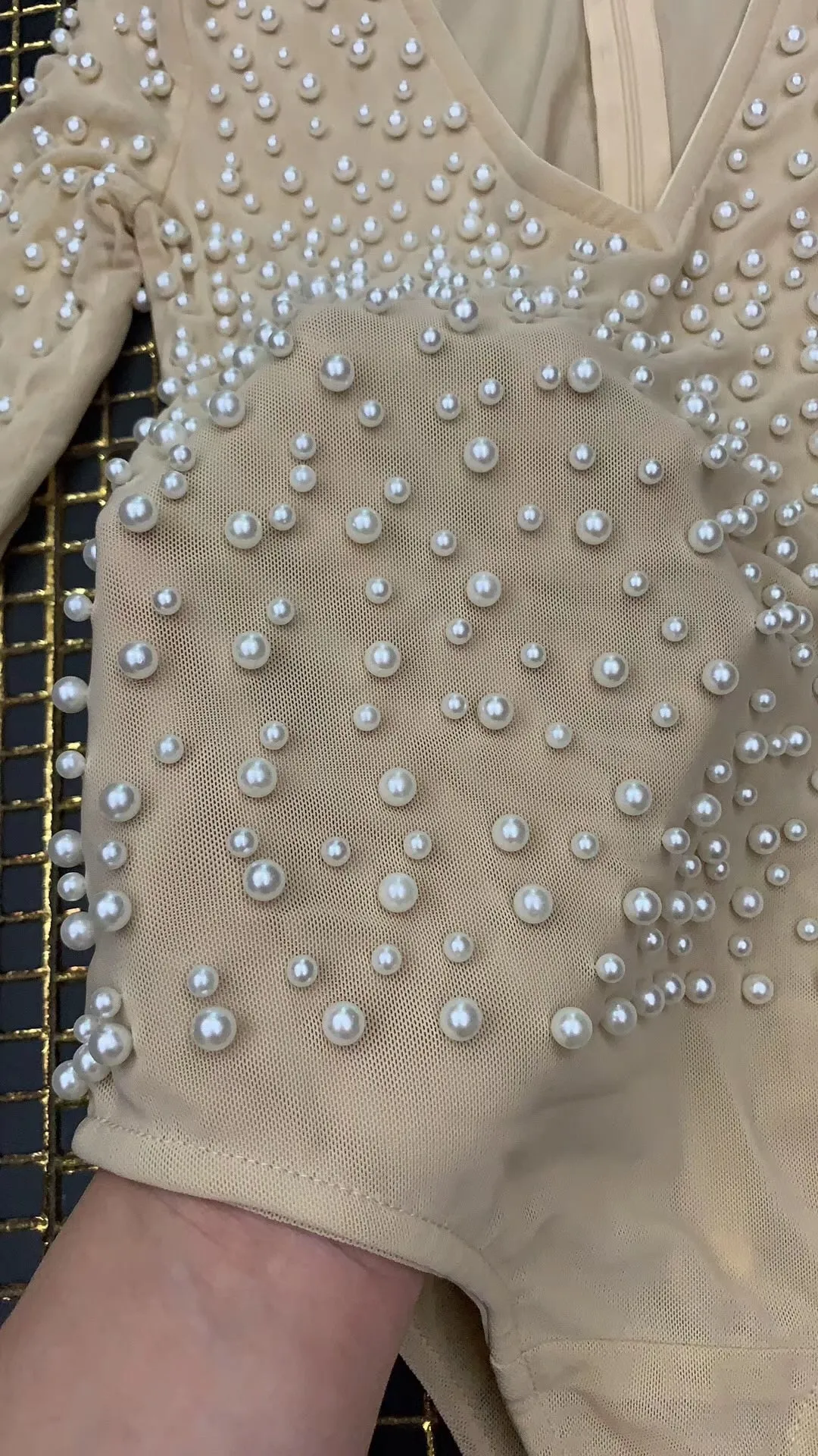 Sexy Fashion V Neck Beading Mesh Bodysuit