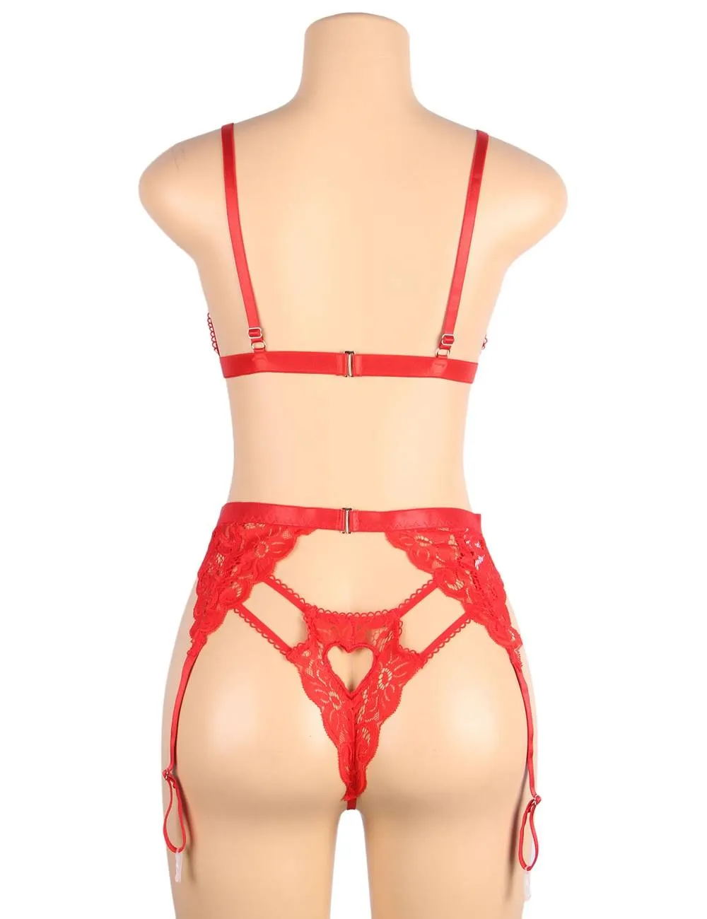 Sexy three-piece sexy lingerie with deep V and peach heart garter