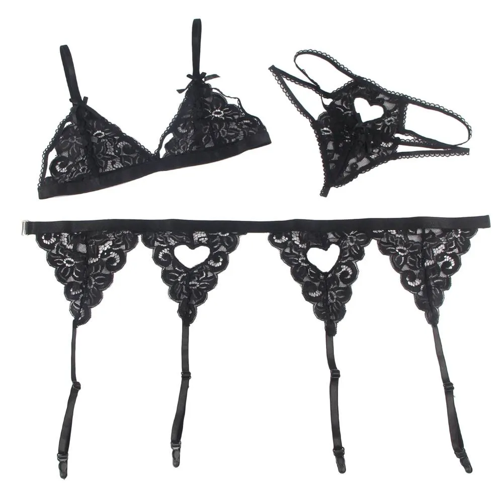 Sexy three-piece sexy lingerie with deep V and peach heart garter