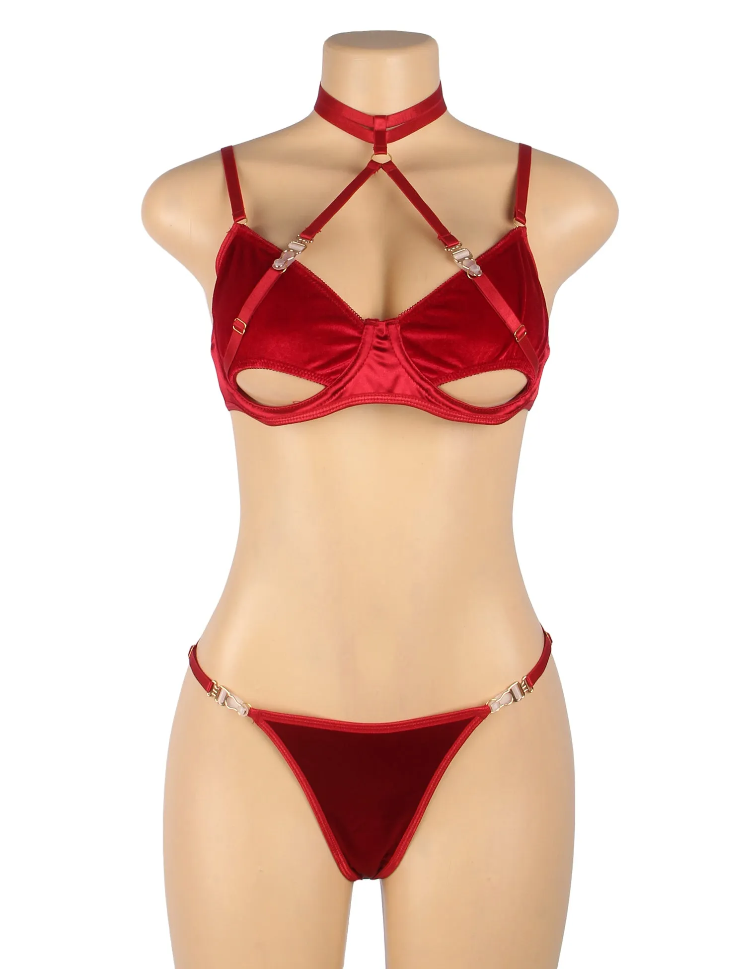 Sexy Velvet Hollow Cut Halter Bra Set