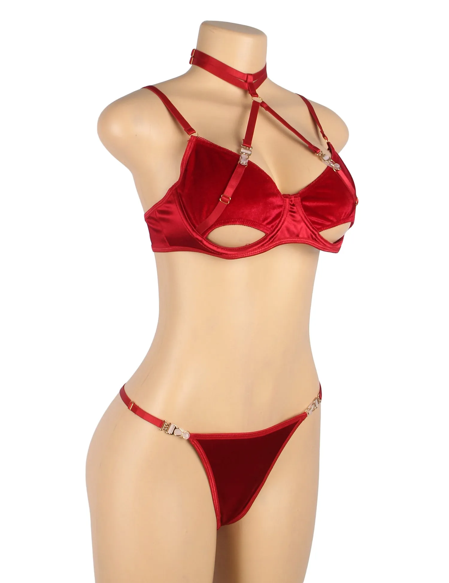 Sexy Velvet Hollow Cut Halter Bra Set