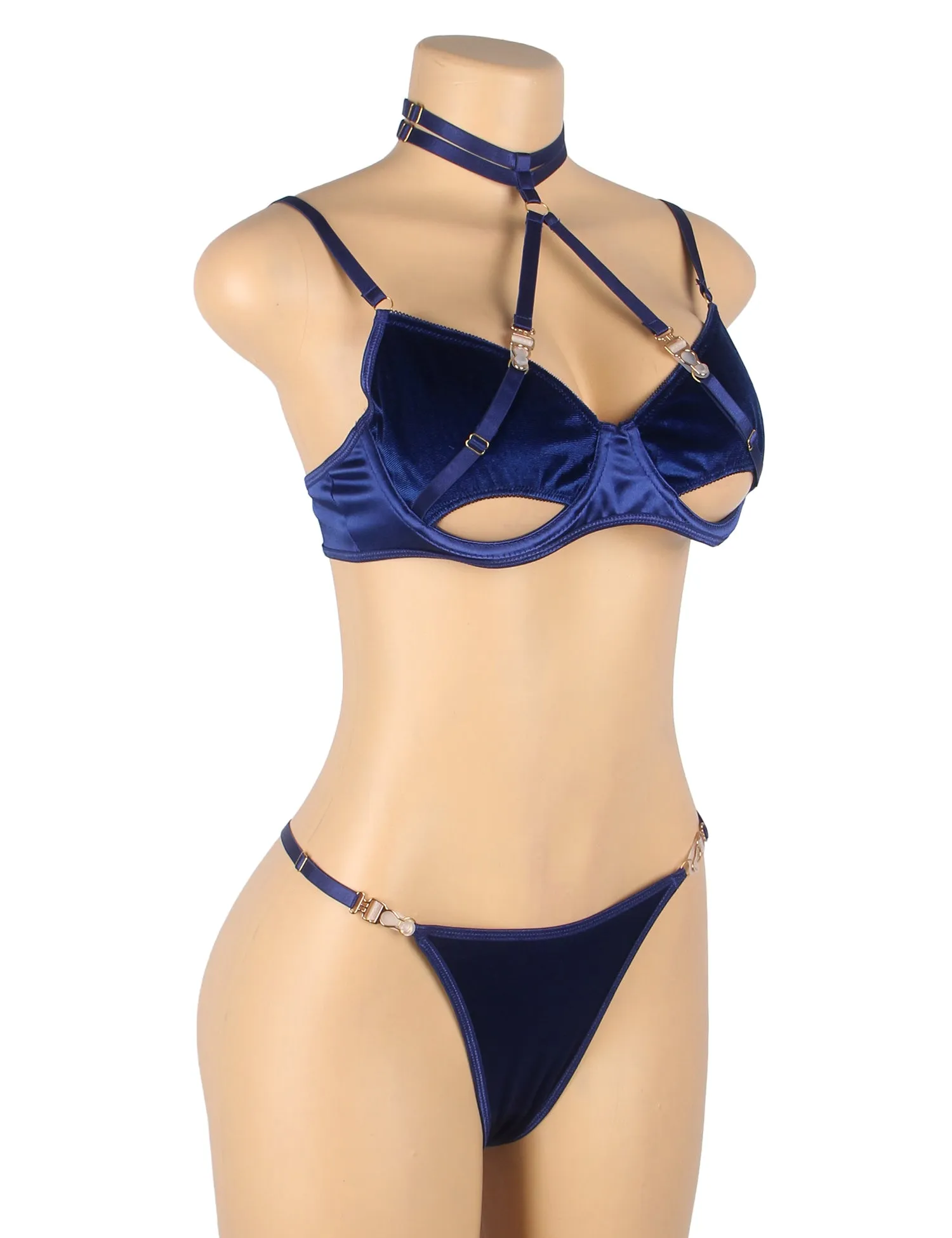 Sexy Velvet Hollow Cut Halter Bra Set