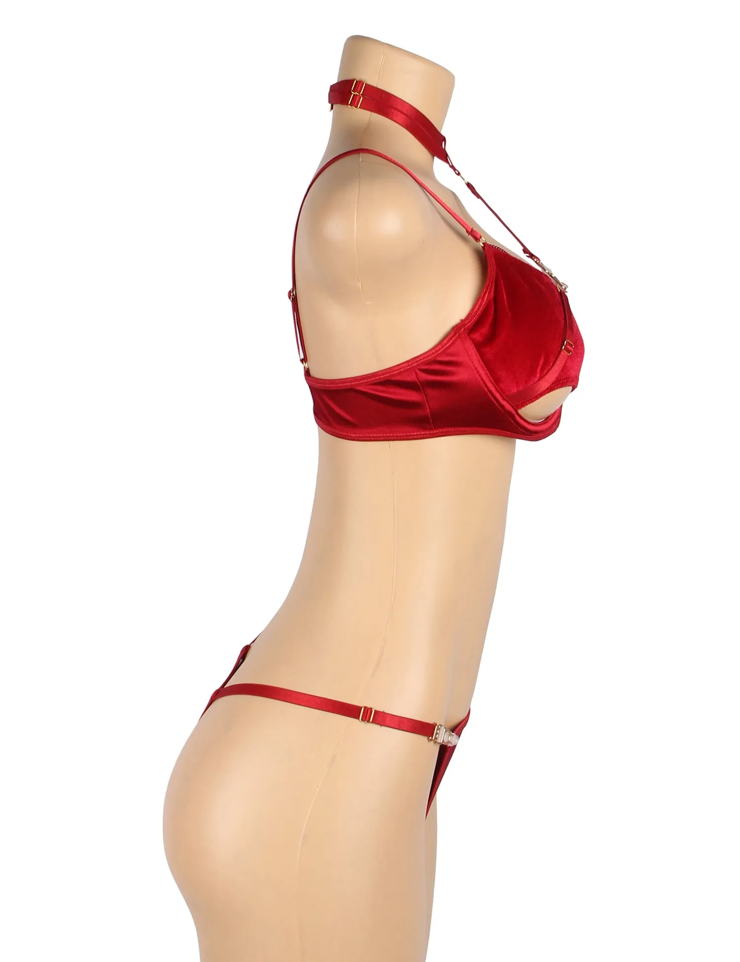 Sexy Velvet Hollow Cut Halter Bra Set