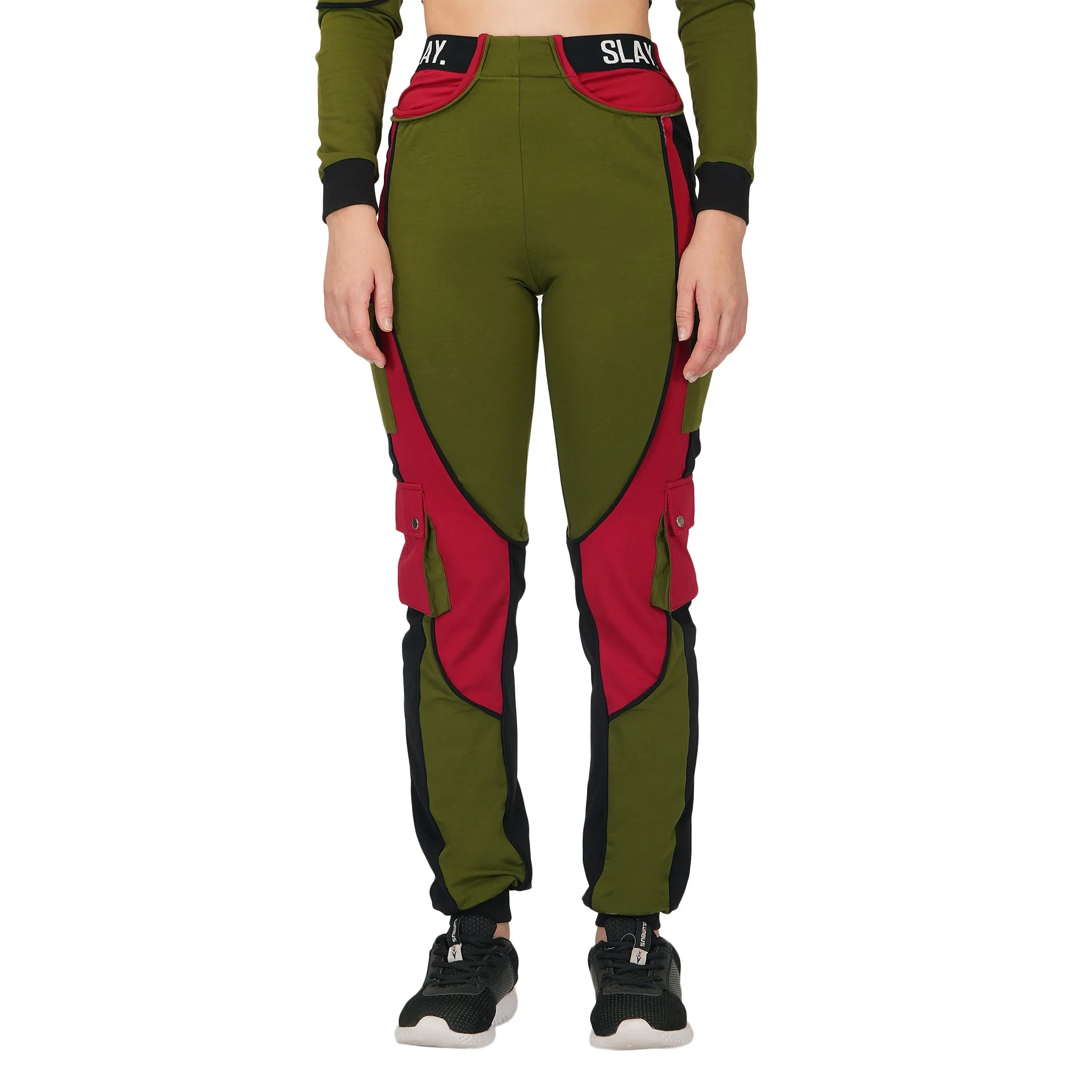SLAY. Women's Activewear Tracksuit Green Red Black Colorblock Crop Jacket & Cargo Pants Co-ord Set(3 piece)