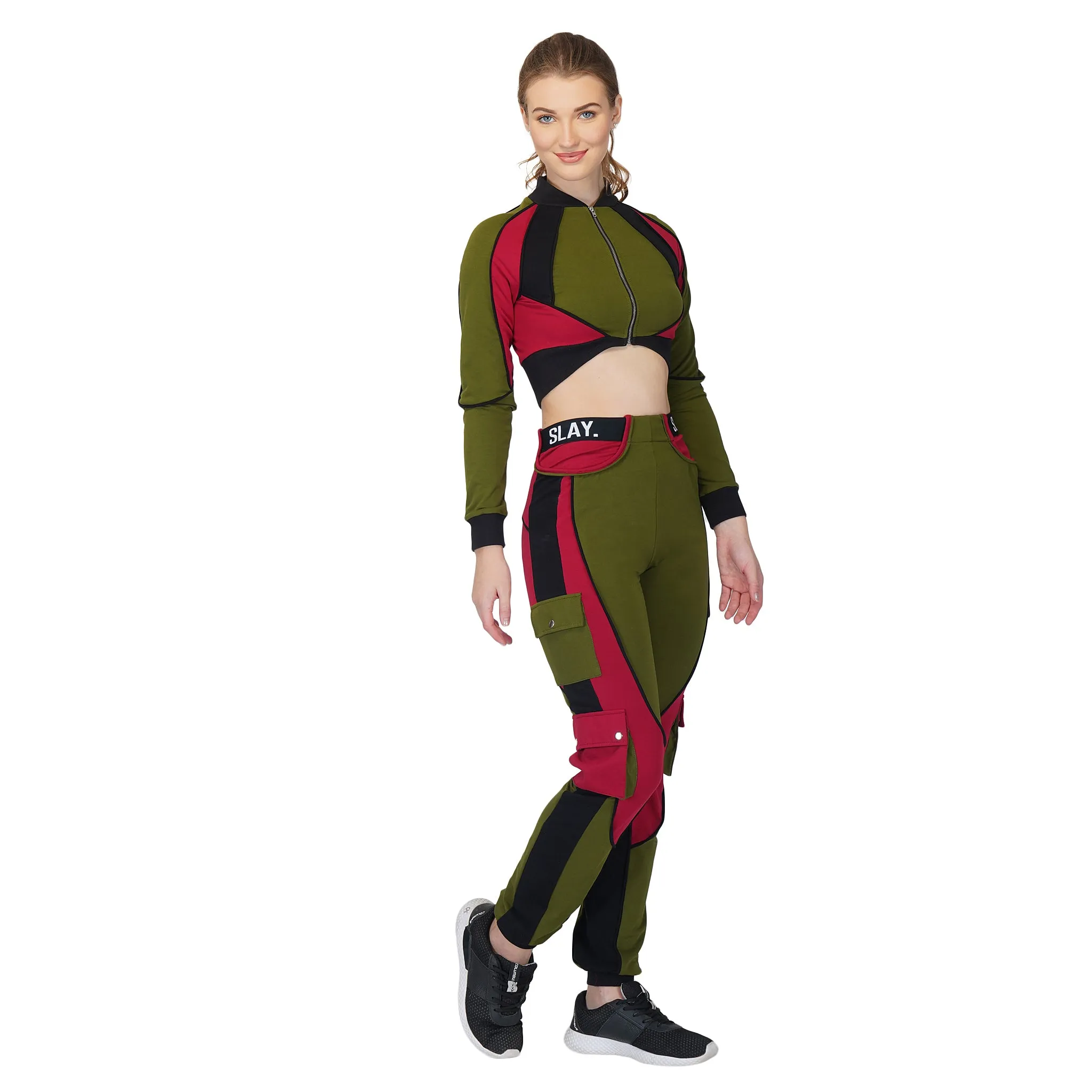 SLAY. Women's Activewear Tracksuit Green Red Black Colorblock Crop Jacket & Cargo Pants Co-ord Set(3 piece)