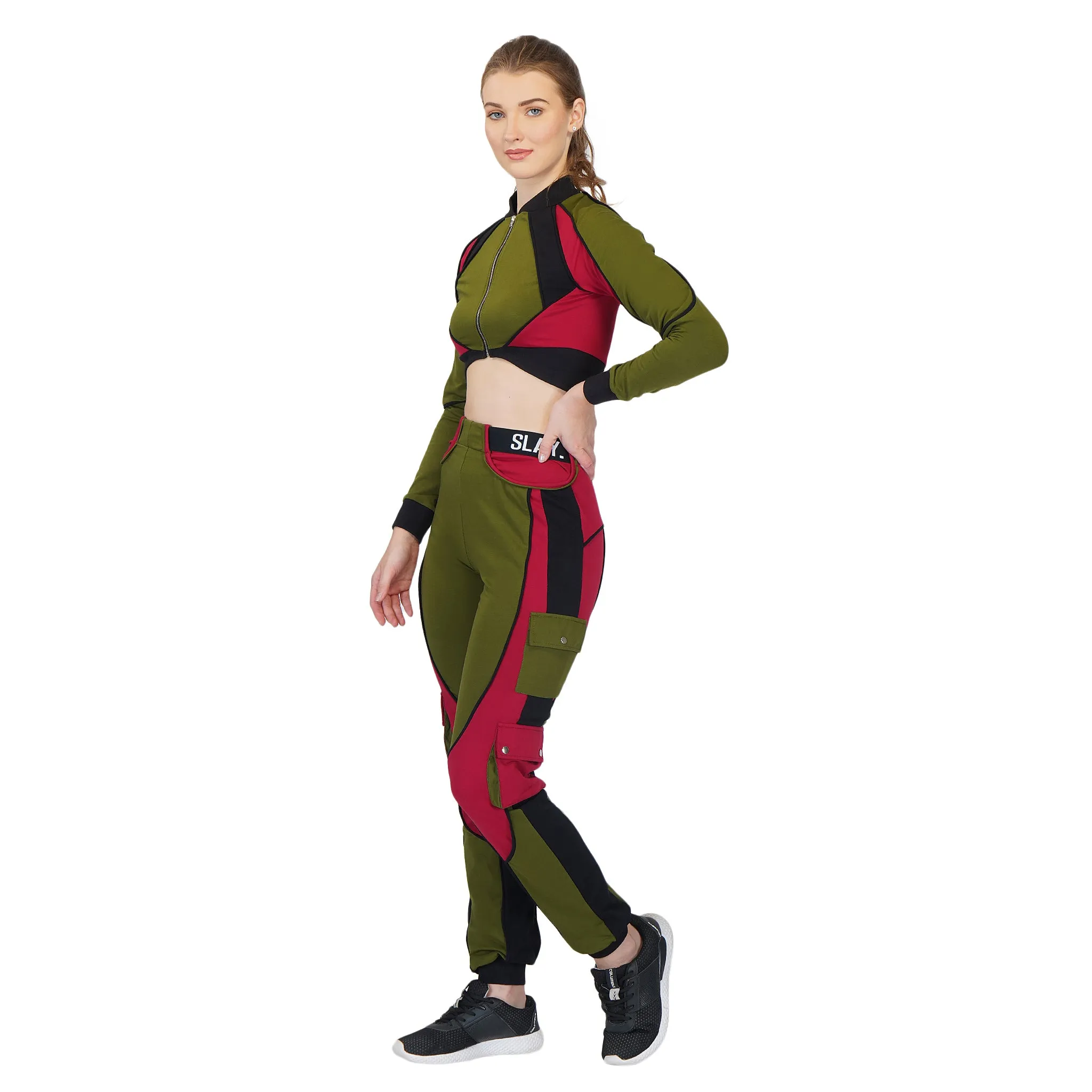 SLAY. Women's Activewear Tracksuit Green Red Black Colorblock Crop Jacket & Cargo Pants Co-ord Set(3 piece)