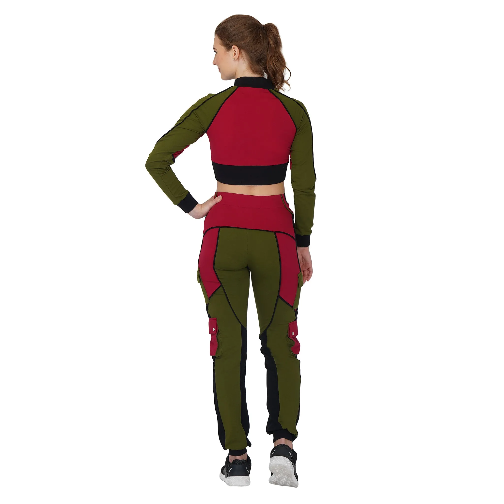 SLAY. Women's Activewear Tracksuit Green Red Black Colorblock Crop Jacket & Cargo Pants Co-ord Set(3 piece)