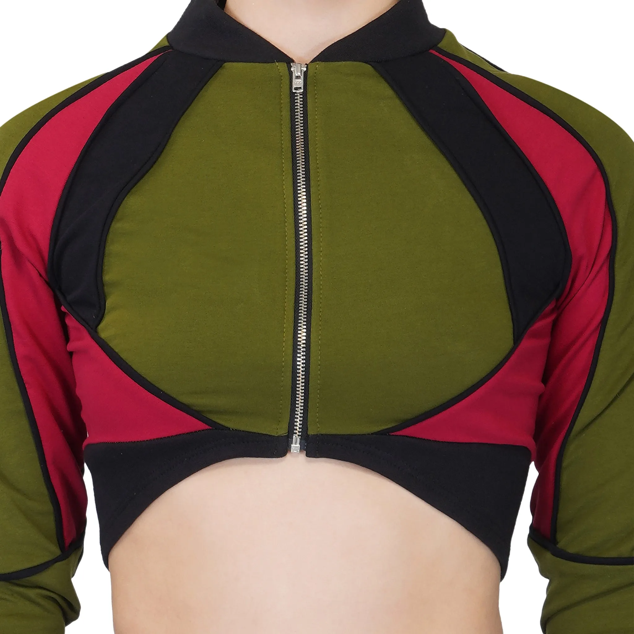 SLAY. Women's Activewear Tracksuit Green Red Black Colorblock Crop Jacket & Cargo Pants Co-ord Set(3 piece)