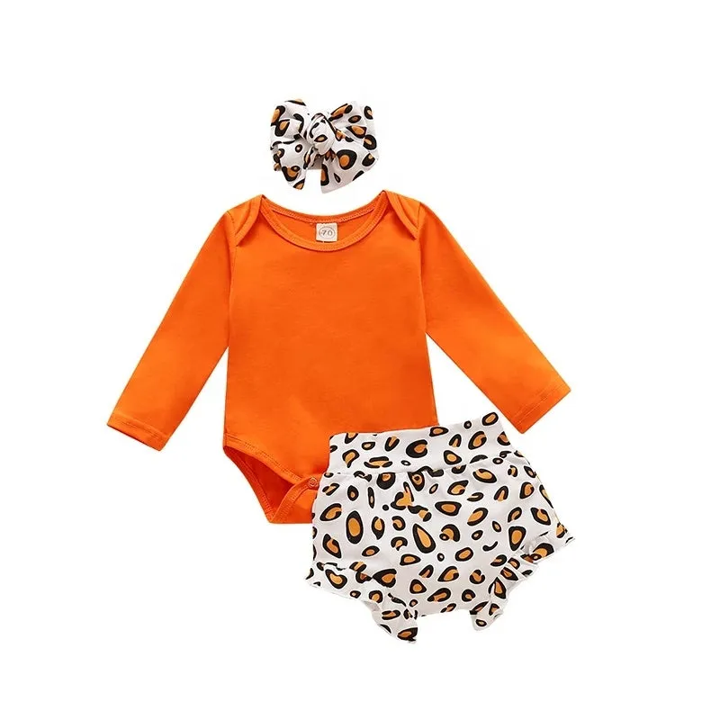 Solid Romper and Leopard Shorts Outfit with Headband 3PCS Set