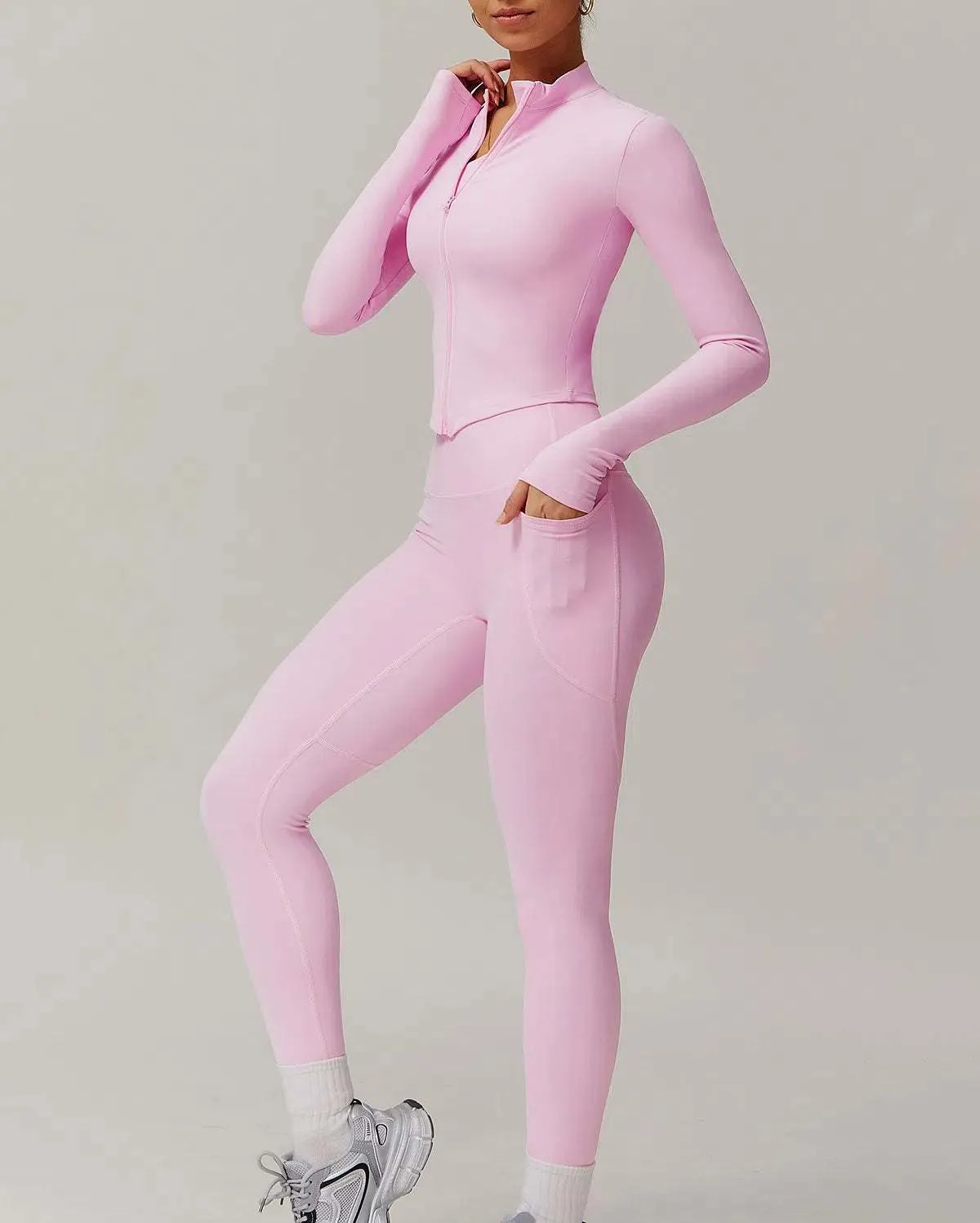 Solid Yoga Set With Sports Jacket and Legging