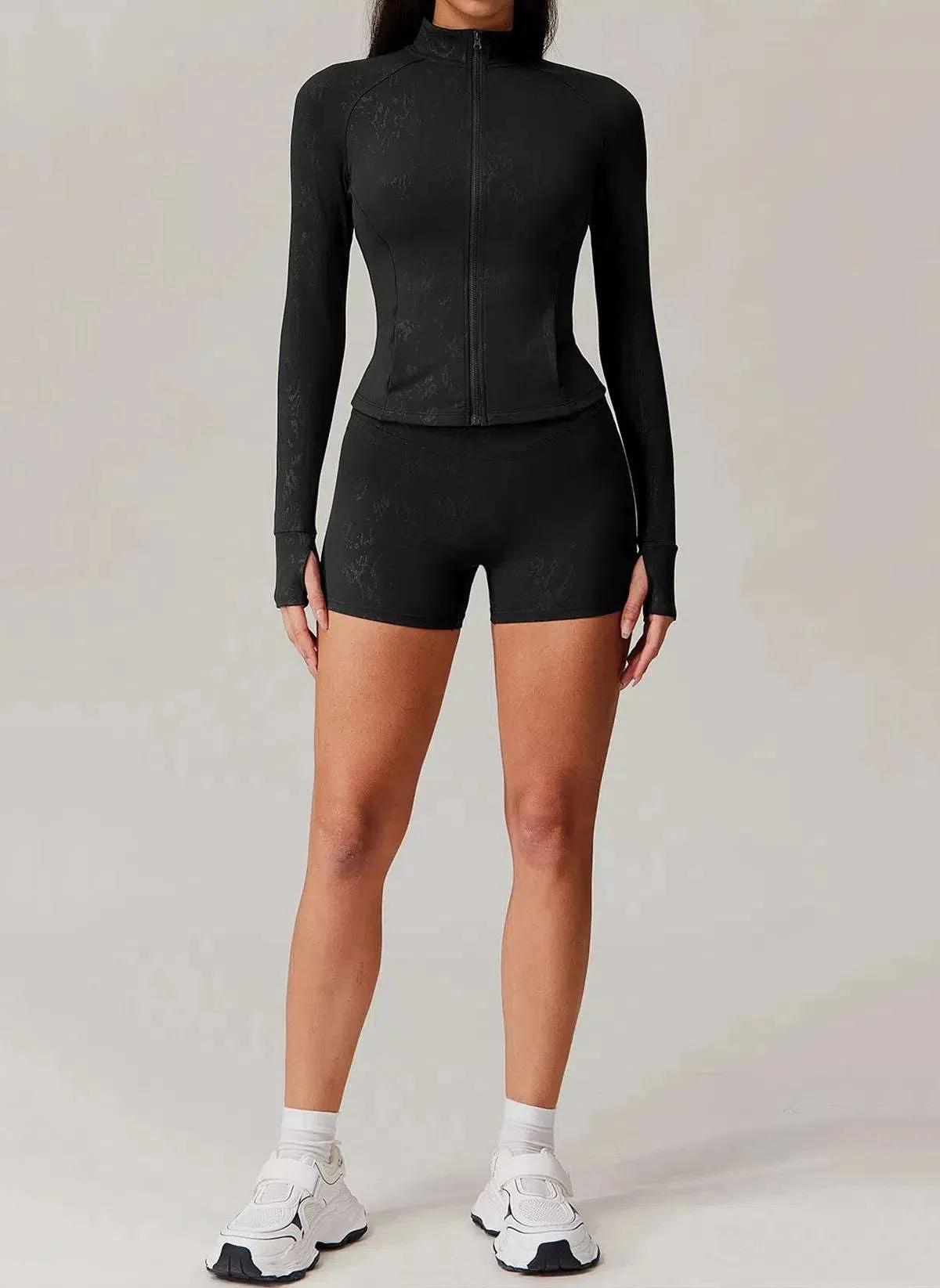 Sports Set with Full Zipper Long Sleeve Jacket and Short