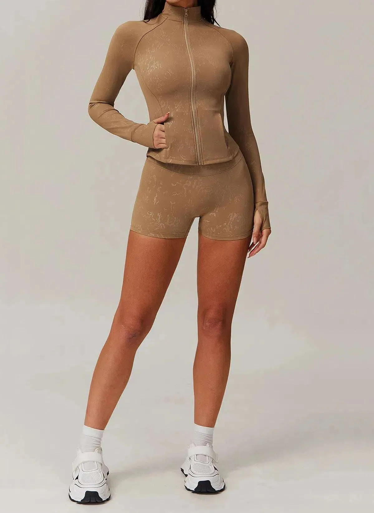 Sports Set with Full Zipper Long Sleeve Jacket and Short