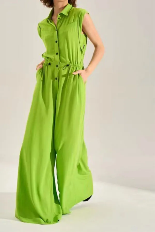 storexq Solid Color Commuting Drawstring Wide Leg Jumpsuit
