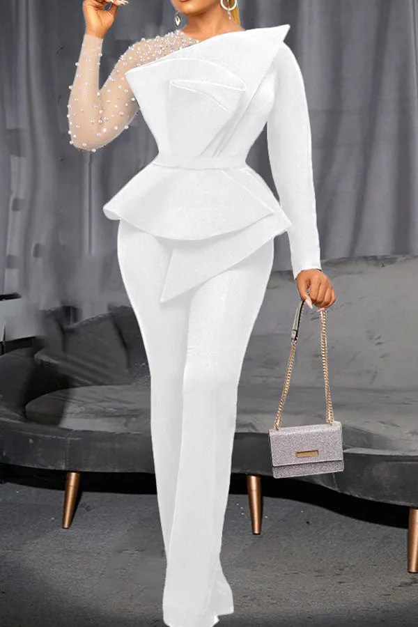 storexq Solid Color Elegant Pearls Jumpsuit