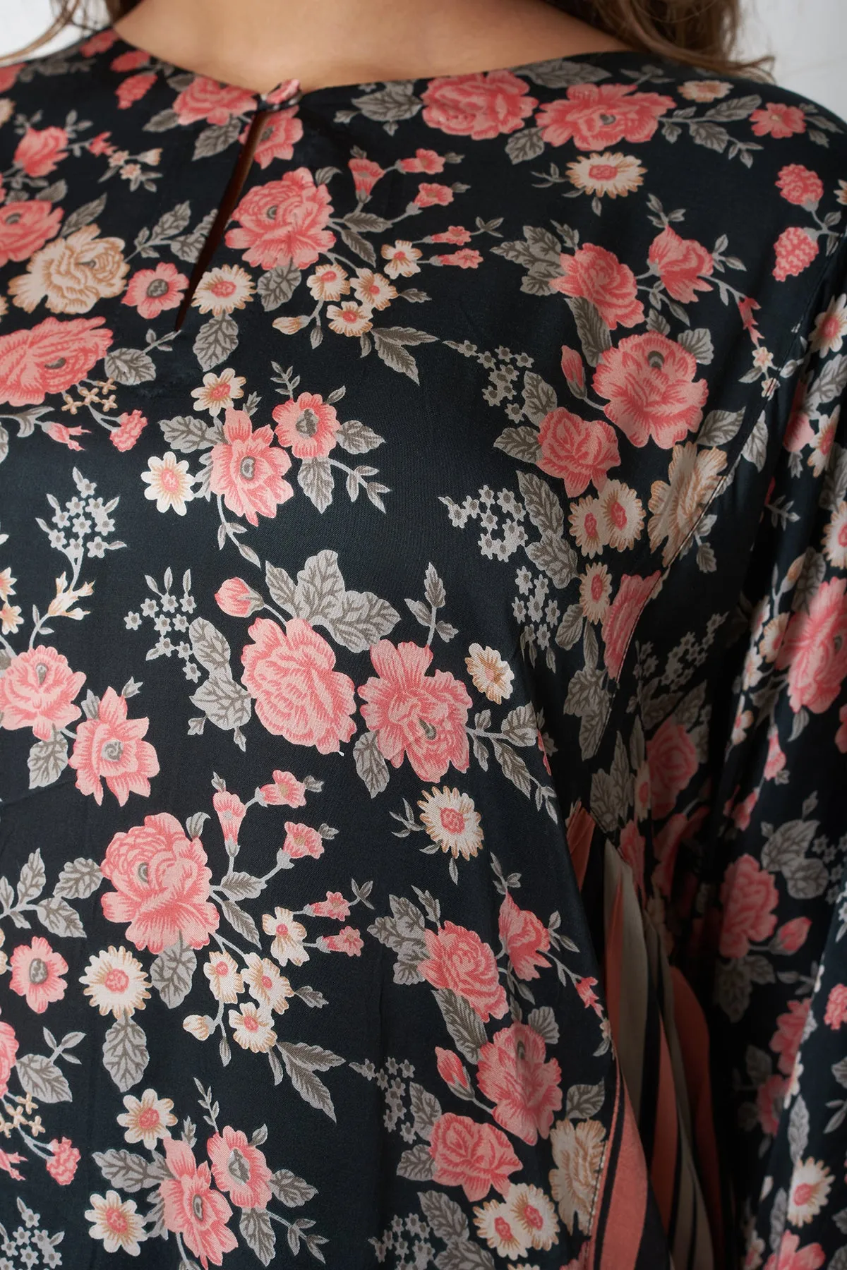 STRIPES AND FLORAL DRESS - BLACK